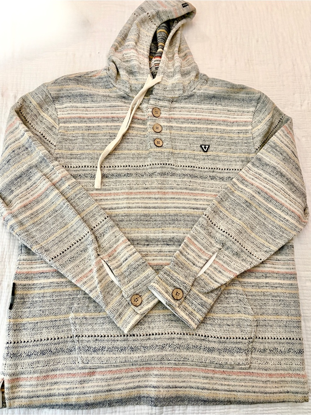 VISSLA Hooded Striped Knit Pullover - Cream, Blue, Pinkish